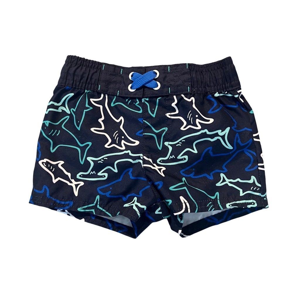 Cat & Jack Baby Boys Shark Print Swim Trunks Navy Blue 6-9M Mesh Lined (0936)